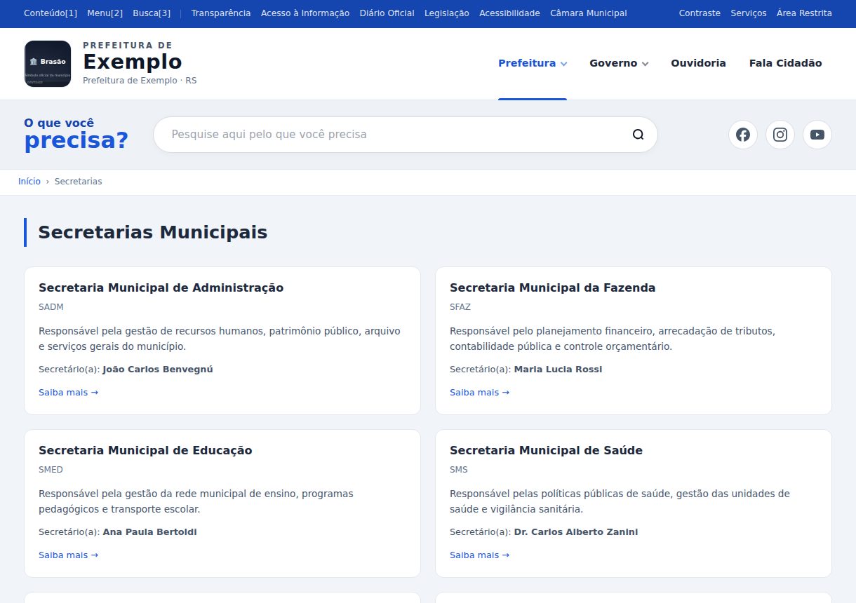 Página de secretarias municipais com responsáveis